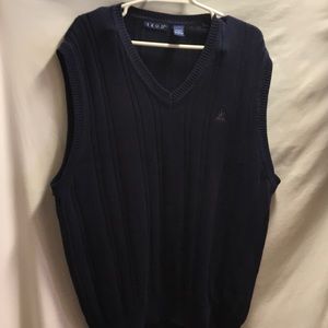IZOD Navy Blue Sweater Vest pullover Sz L 100 % cotton, length 29 1/4 “